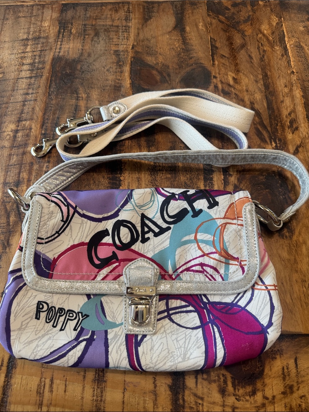 Coach Poppy Multicolor Canvas Crossbody with Silver Trim